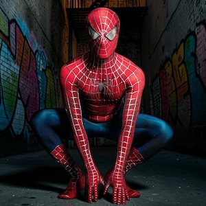 May include: A full-body Spider-Man costume featuring a vibrant red and blue color scheme. The red sections are covered in a silver web pattern, while the chest displays a black spider emblem. The mask includes large, white, reflective eye lenses.