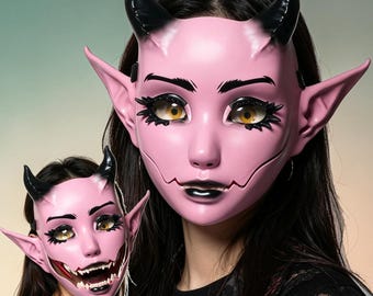 Máscara de diablo rosa de Halloween con mandíbula móvil, máscara de demonio, máscara de cosplay de anime, máscara facial de duende con cuernos, accesorios para disfraces de fiesta para adultos
