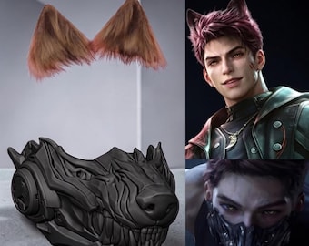Máscara de lobo Valko de Love and Deepspace, accesorio para cosplay, máscara de cabeza de lobo de ciencia ficción peluda impresa en 3D, orejas de lobo marrones esponjosas, pelo para cosplay de Halloween