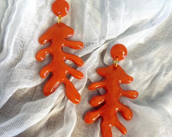 Matisse-Inspired orange Leaf Earrings • Polymer Clay • Lightweight & Artistic • Glossy design • ear clips • Abstract earrings • Handmade