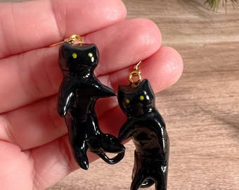 Handmade Black Cat Earrings • Polymer Clay Cat • Chat noir • Animal Jewelry • original design • ear clips • cats earrings