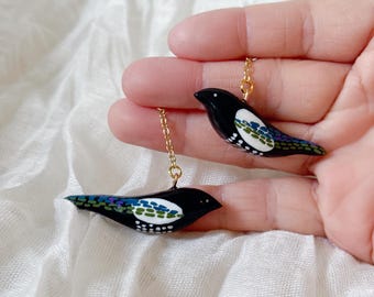 Handmade Magpie Earrings • Polymer Clay • Magpie jewelry • Nature Jewelry • original design • ear clips • bird earrings