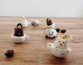 Coffee Ground Polymer Clay Earrings • Cat in Coffee Cup Earrings • Handmade Sustainable Jewelry • ear clips • Cute face Cup • Minimalist