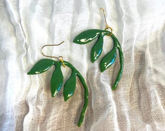 Green Leaf Branch Earrings • Polymer Clay • Lightweight & Artistic • original design • ear clips • Abstract earrings • Handmade