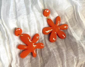 Orange Abstract Flower Earrings • Polymer Clay • Lightweight & Artistic • Glossy design • ear clips • warm earrings • Handmade