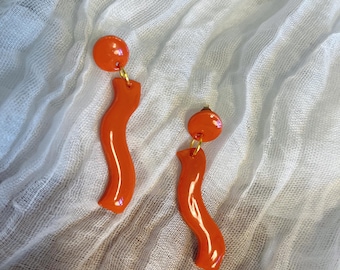 Orange Abstract Curve Earrings • Polymer Clay • Lightweight & Artistic • Glossy design • ear clips • warm earrings • Handmade