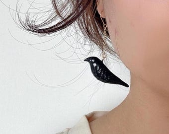 Handmade Raven Earrings • Polymer Clay Crow • Raven • Corneille • Nature Jewelry • original design • ear clips • bird earrings