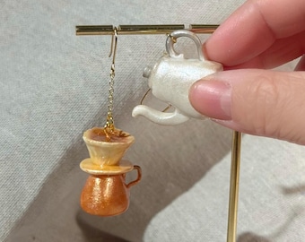 Handmade Coffee Earrings • Pour Over Drip Coffee • Teapot Dangle Earrings • Miniature Polymer Clay Jewelry • Coffee Lover Gift • Ear clips