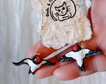 Handmade Mini Swallow Earrings • Polymer Clay bird • Hirondelle • Nature Jewelry • original design • ear clips • bird earrings