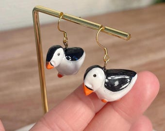 Handmade Puffin Earrings • Polymer Clay Seabird • Nature Jewelry • original design • ear clips • bird earrings