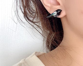 Handmade Mini Magpie Earrings • Polymer Clay • Magpie jewelry • Nature Jewelry • original design • ear clips • bird earrings