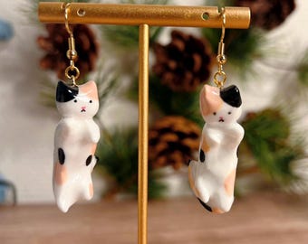 Handmade Calico Cat Earrings • Polymer Clay Tricolor Cat • orange cat • Animal Jewelry • original design • ear clips • cats earrings