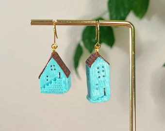 Handmade Mini House Earrings • Polymer Clay • Blue Maison Earrings • Nature Jewelry • original design • ear clips • cottagecore jewelry