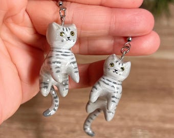 Handmade Gray Tabby Cat Earrings • Polymer Clay Ginger Cat • Gray cat • Animal Jewelry • original design • ear clips • tabby cat
