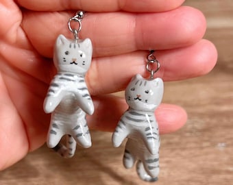 Handmade Gray Tabby Cat Earrings • Polymer Clay Ginger Cat • Gray cat • Animal Jewelry • original design • ear clips • tabby cat