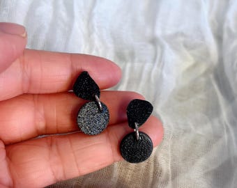 Black Sparkle Geometric Drop Earrings • Polymer Clay • Matisse-Inspired！• Lightweight & Artistic • Minimal Modern jewelry • ear clips