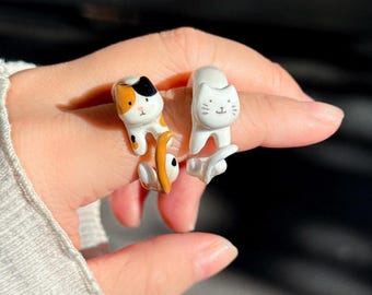 Handmade Cat Ring, Polymer Clay Adjustable Custom Size Ring, Original Cute Kitty Ring, Black White Orange Cat Jewelry, Kawaii Animal Gift