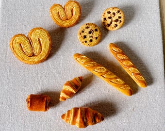 Mini Bread Charms, Handmade Polymer Clay Bakery Miniatures, Croissant Baguette Palmier Cookie Pain au Chocolat, Cute Food Jewelry Supply