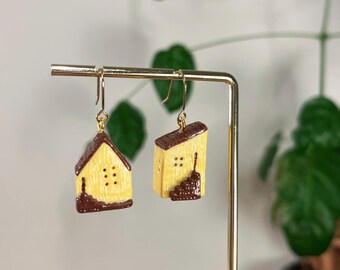 Handmade Mini House Earrings • Polymer Clay • Yellow Maison Earrings • Nature Jewelry • original design • ear clips • cottagecore jewelry