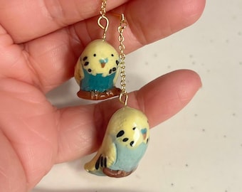 Handmade Budgie Earrings • Polymer Clay Parrot • Parakeet • Nature Jewelry • original design • ear clips • bird earrings