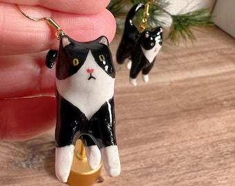 Handmade Tuxedo Cat Earrings • Polymer Clay Cow Cat • Black Cat • Animal Jewelry • original design • ear clips • cats earrings