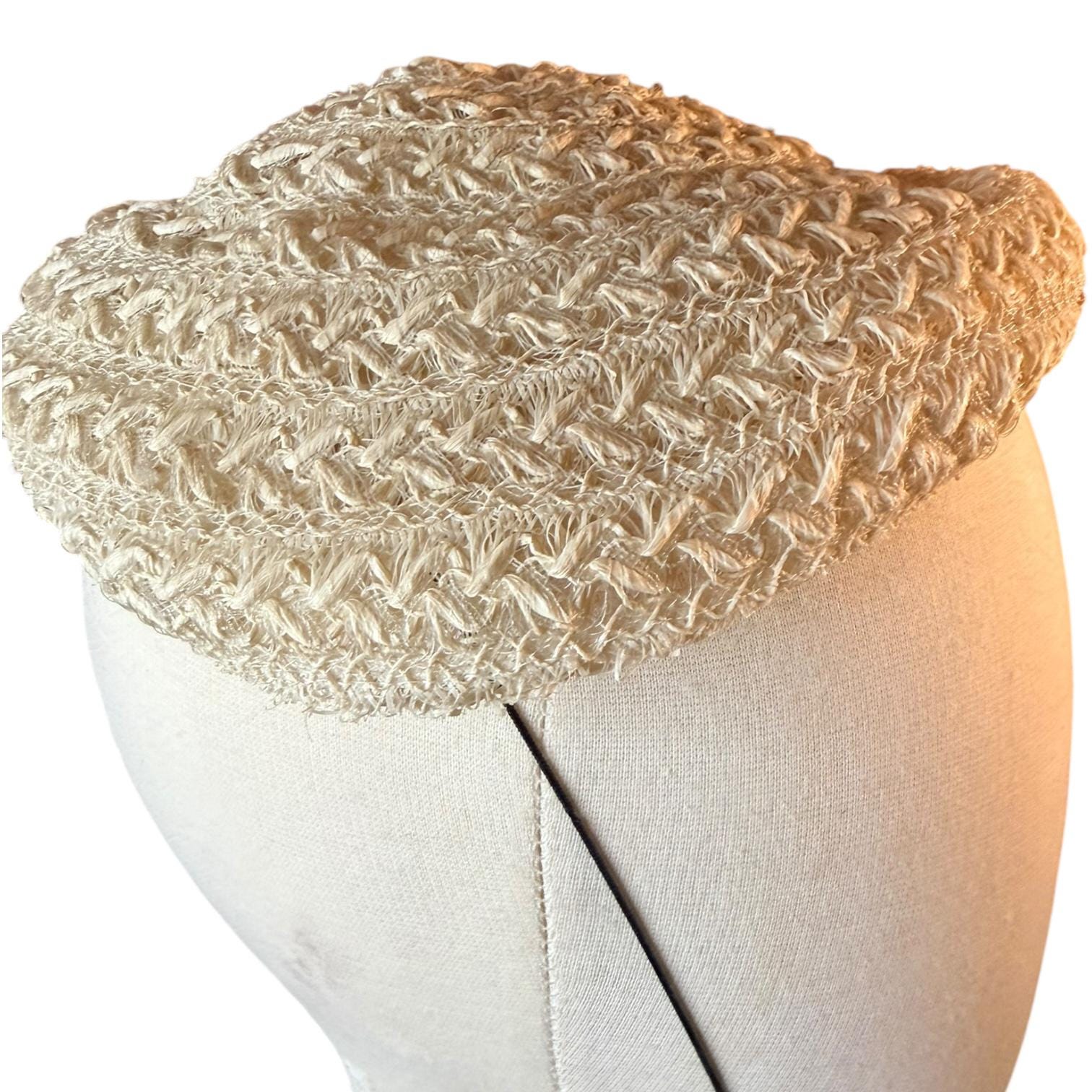 Vintage Eva Mae Woven Ribbon Hat • 1950s Ivory Tilt Hat image 3