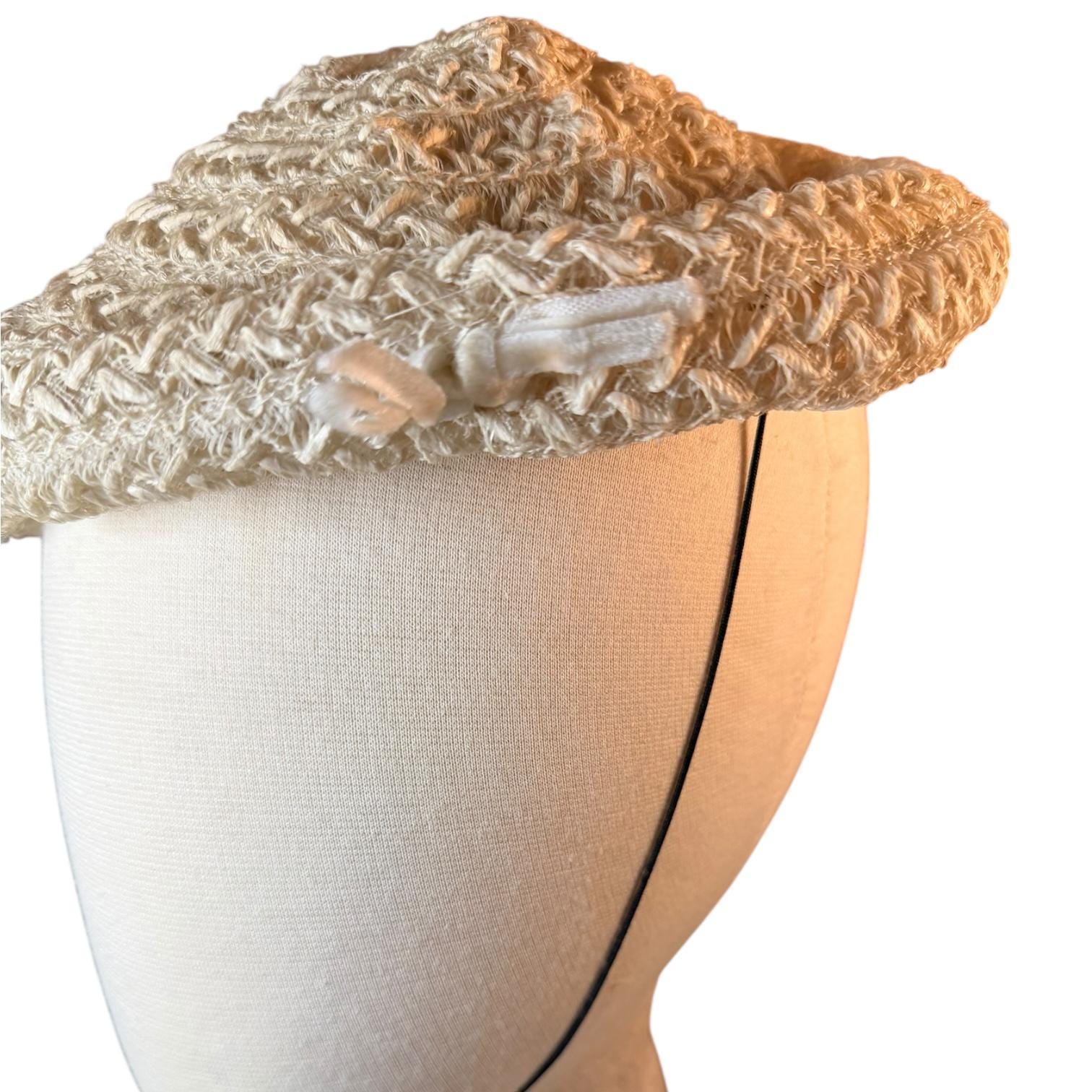 Vintage Eva Mae Woven Ribbon Hat • 1950s Ivory Tilt Hat image 2