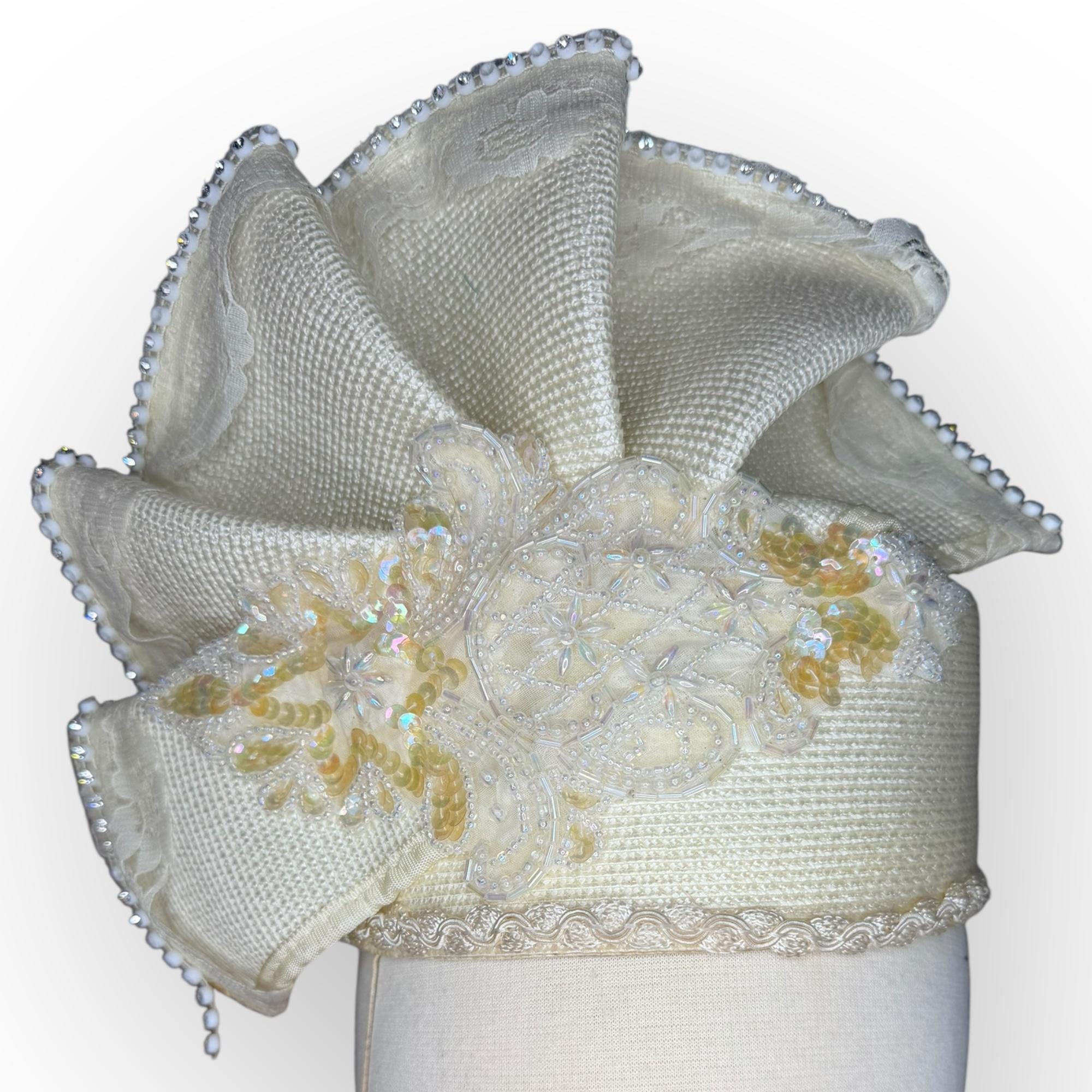 Vintage Ivory Pleated Pillbox Hat | Beaded Lace Bridal Hat image 3