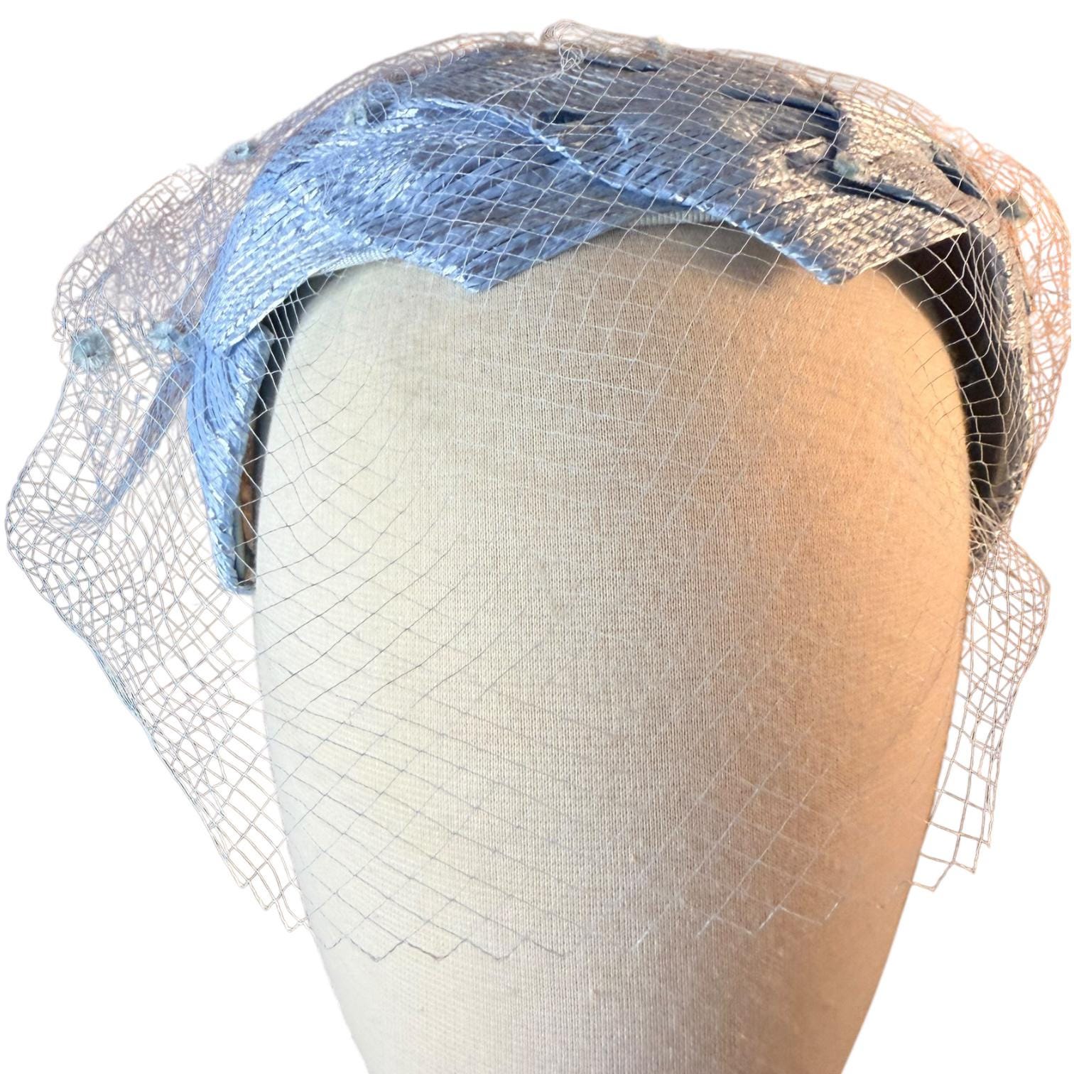 Vintage Periwinkle Veil Hat • 1950s Union Made Net Straw Hat • Chenille Dot Veiling image 5