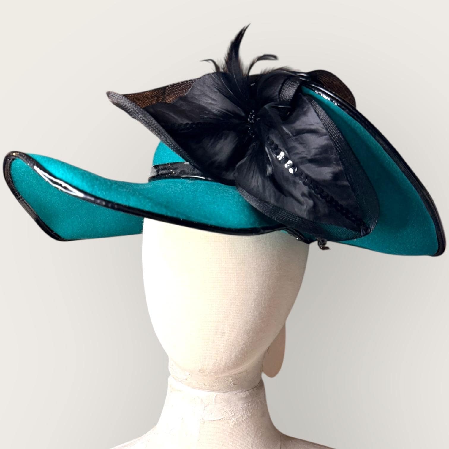 Vintage Teal Felt Statement Hat with Black Feather Fascinator | Avant-Garde Couture Wide Brim Hat |