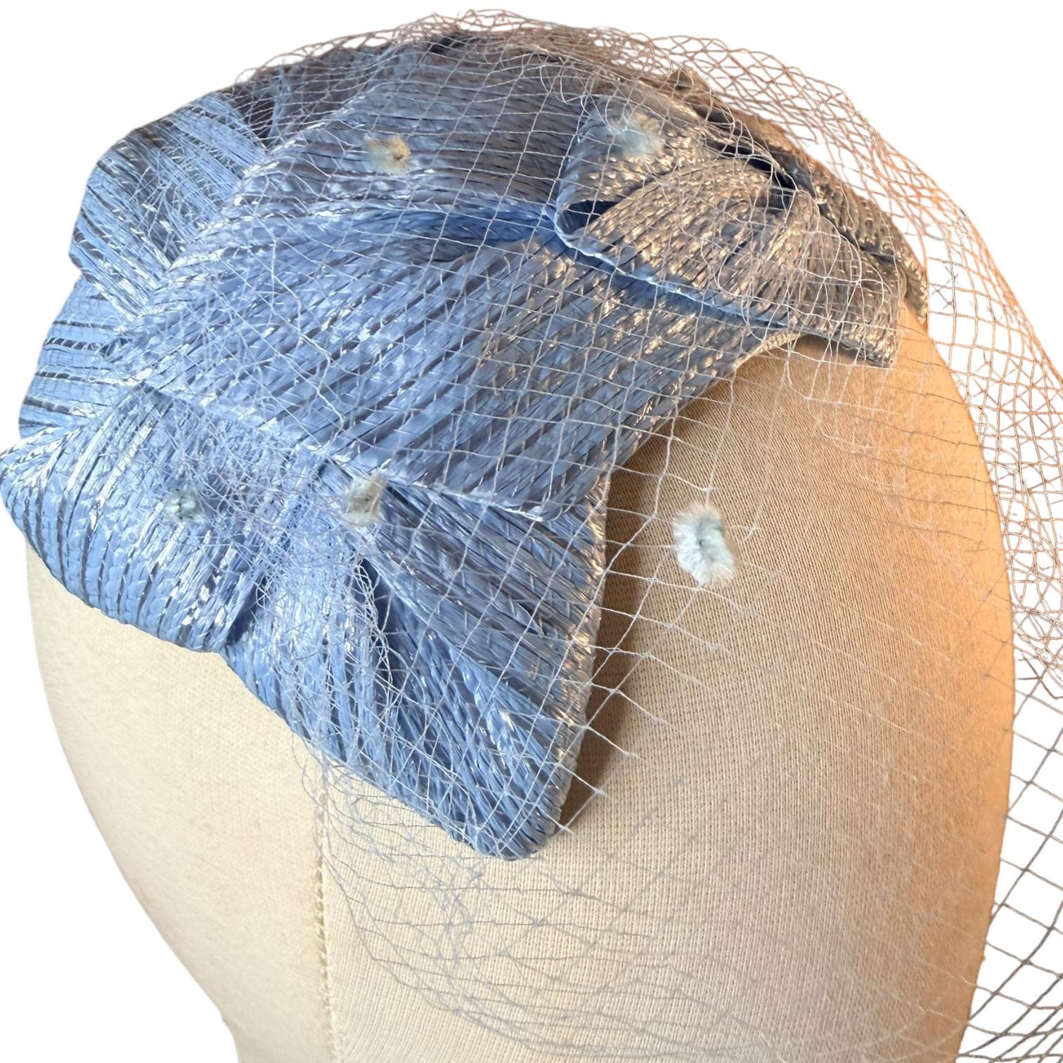 Vintage Periwinkle Veil Hat • 1950s Union Made Net Straw Hat • Chenille Dot Veiling image 2