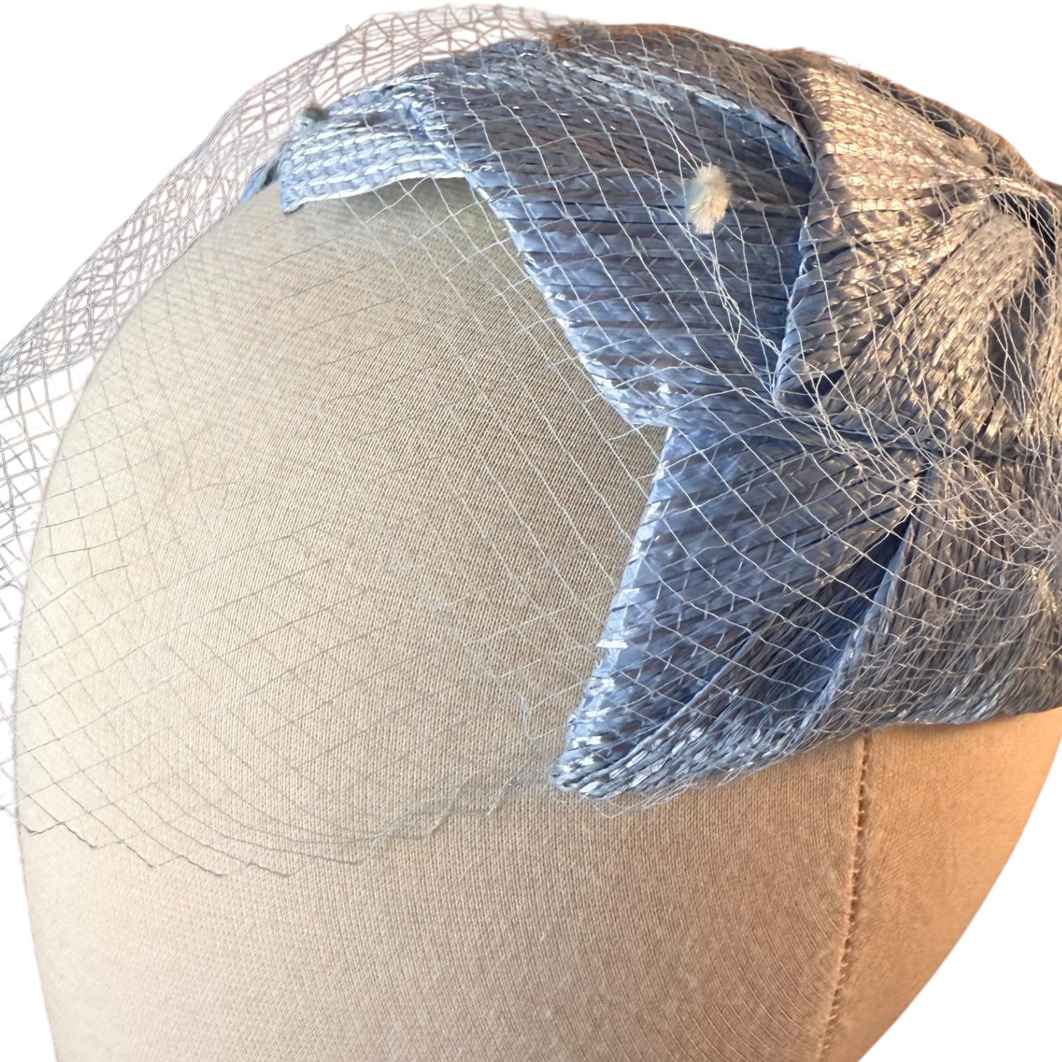 Vintage Periwinkle Veil Hat • 1950s Union Made Net Straw Hat • Chenille Dot Veiling image 7