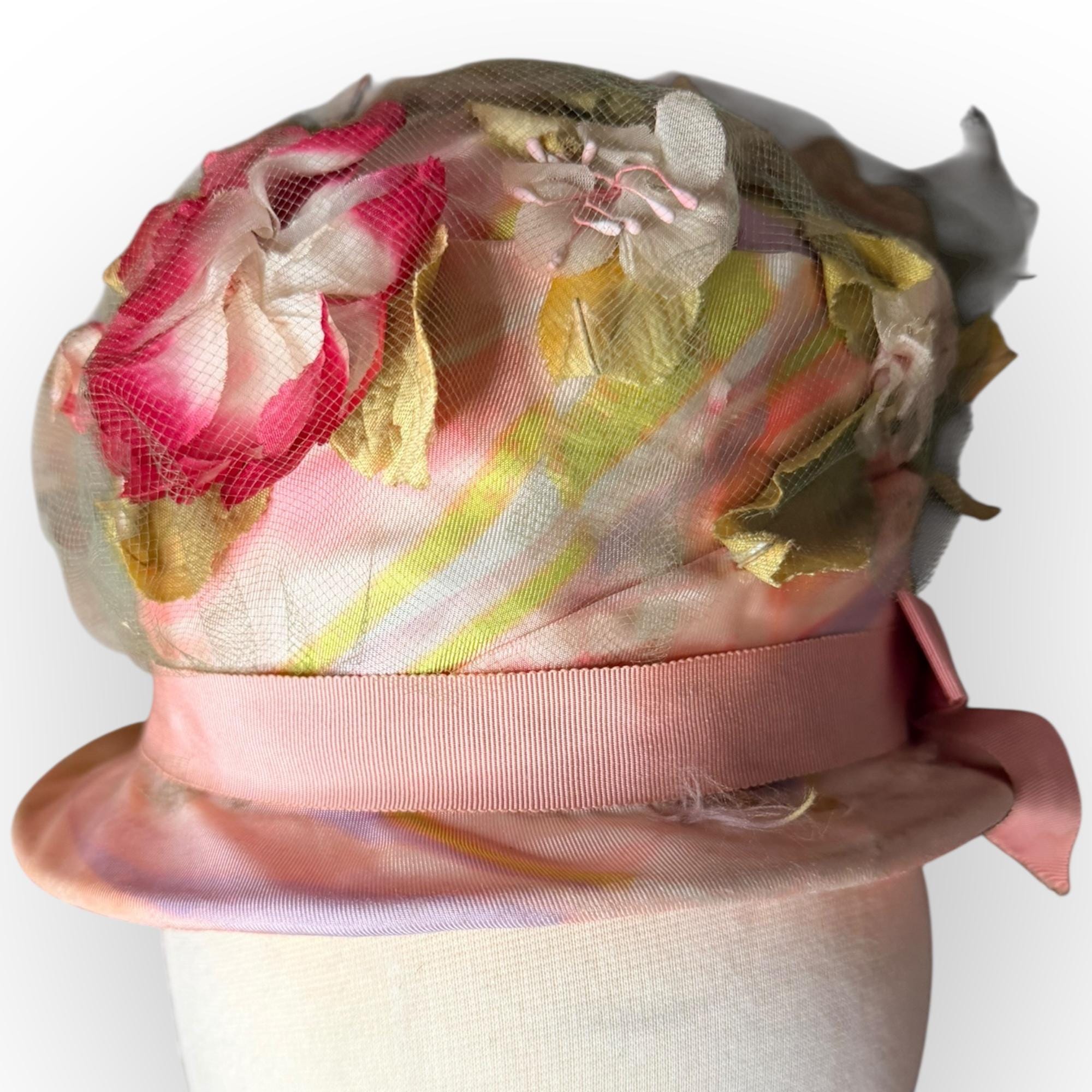 Vintage 1960s Union-Made Floral Veiled Hat – Pink Grosgrain Band & Pastel Silk Blossoms