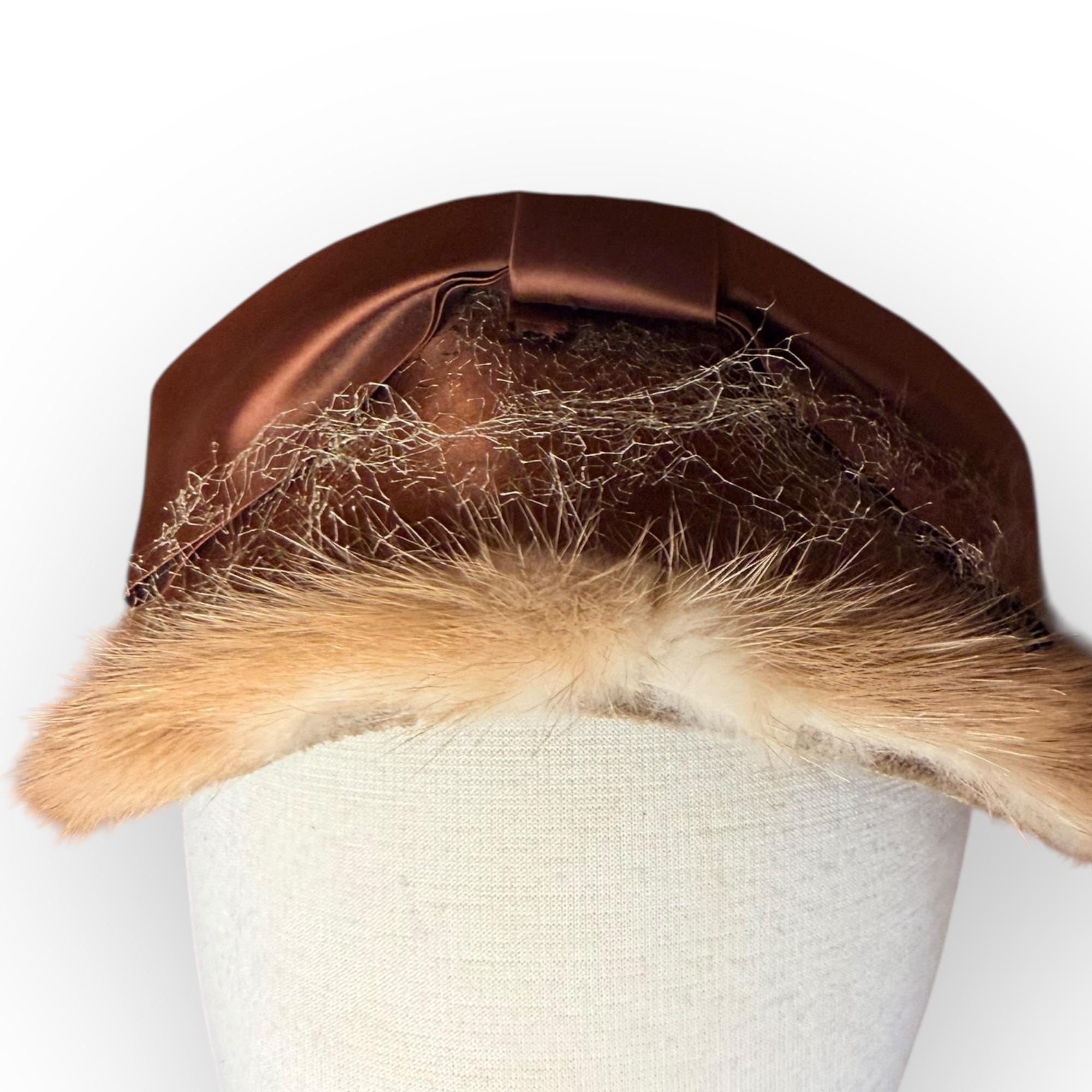 Vintage 1950s Mink Trimmed Satin Half Hat with Veil Copper Brown Couture Millinery