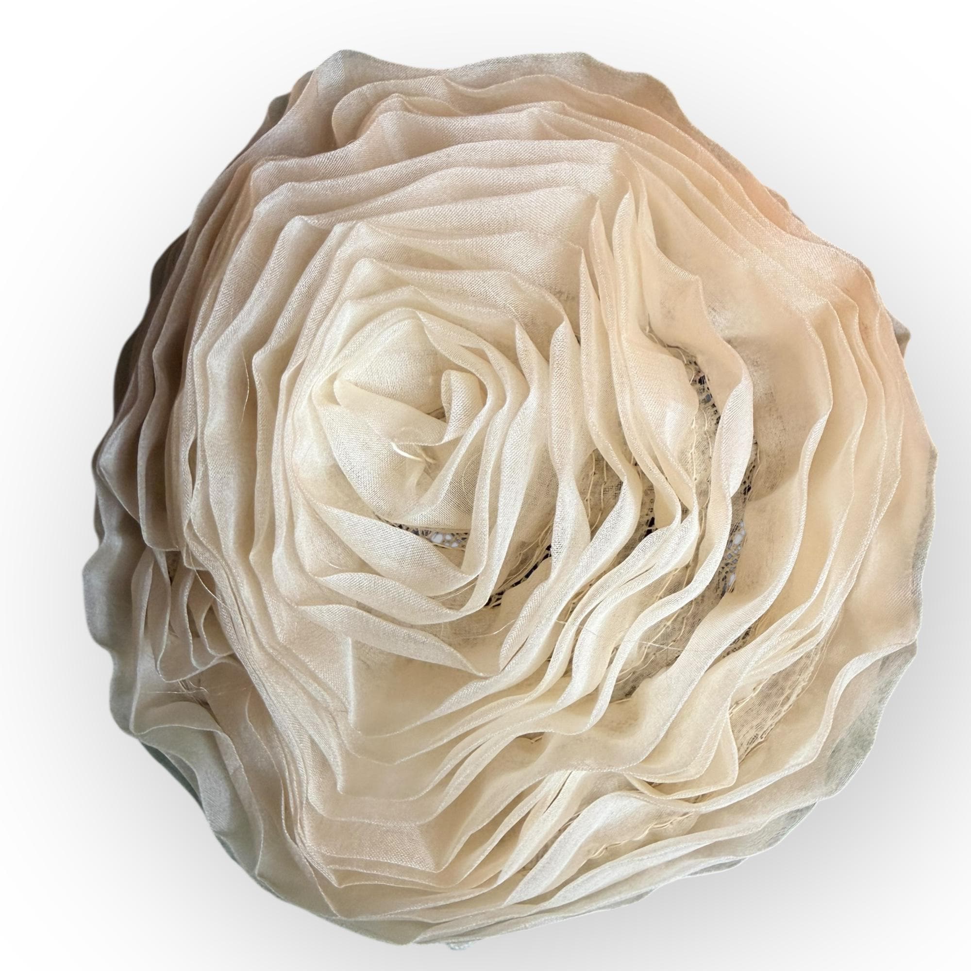 1960s “Clover Lane” Ivory Chiffon Pillbox Hat with Velvet Bow – Sculptural Floral Tier Design