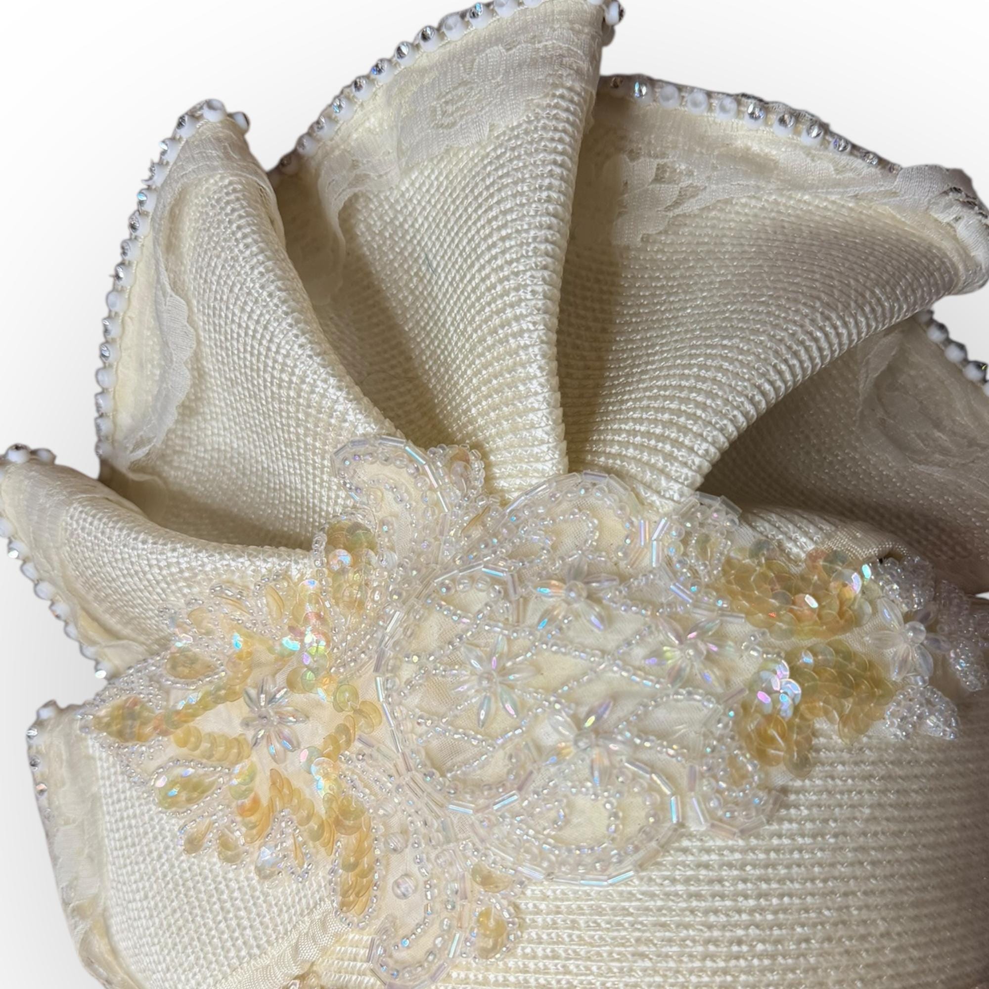 Vintage Ivory Pleated Pillbox Hat | Beaded Lace Bridal Hat image 2