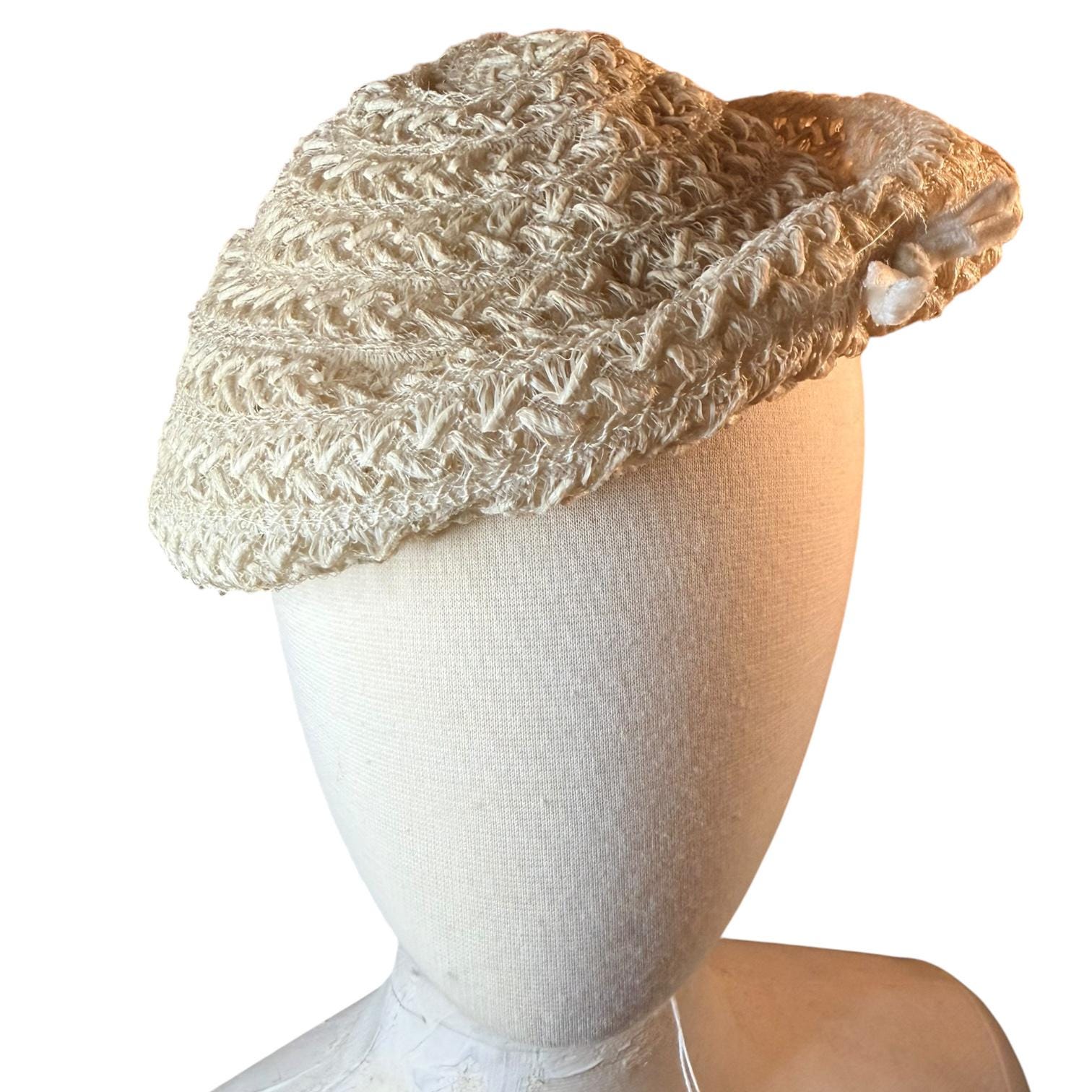 Vintage Eva Mae Woven Ribbon Hat • 1950s Ivory Tilt Hat image 6