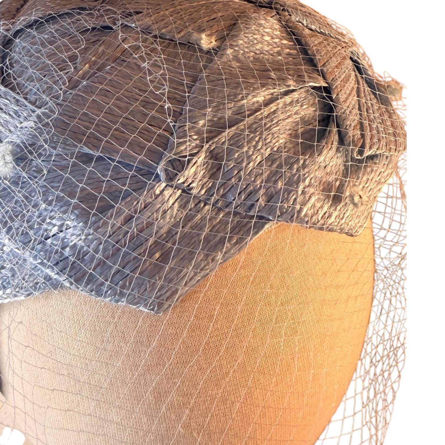 Vintage Periwinkle Veil Hat • 1950s Union Made Net Straw Hat • Chenille Dot Veiling image 4