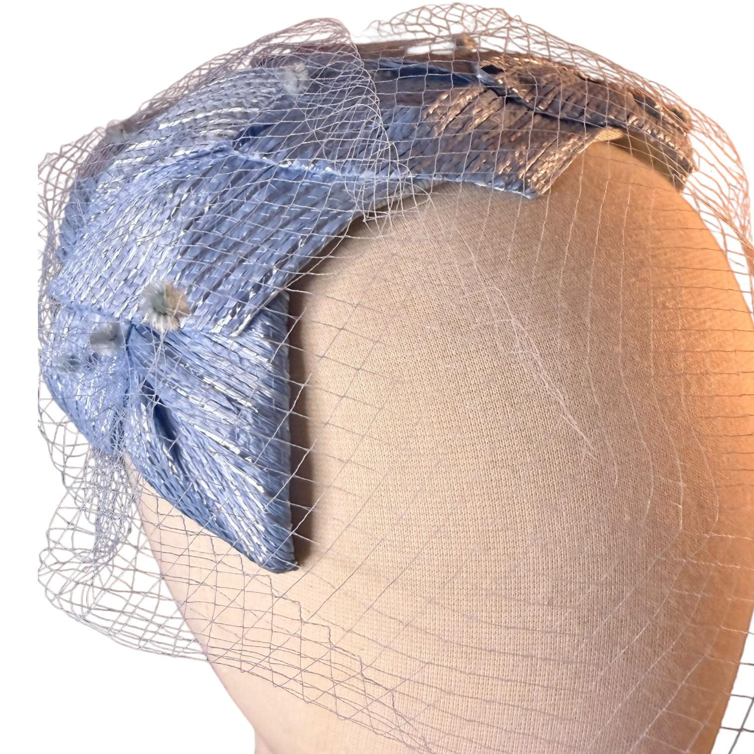 Vintage Periwinkle Veil Hat • 1950s Union Made Net Straw Hat • Chenille Dot Veiling image 6