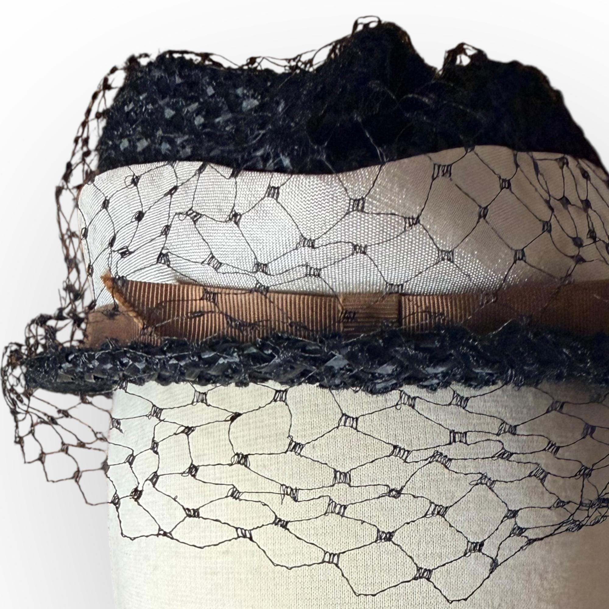 Vintage 1950s Black Veil Cocktail Hat • Two-Tone Straw & Ribbon • ILGWU Union Made • Mid-Century