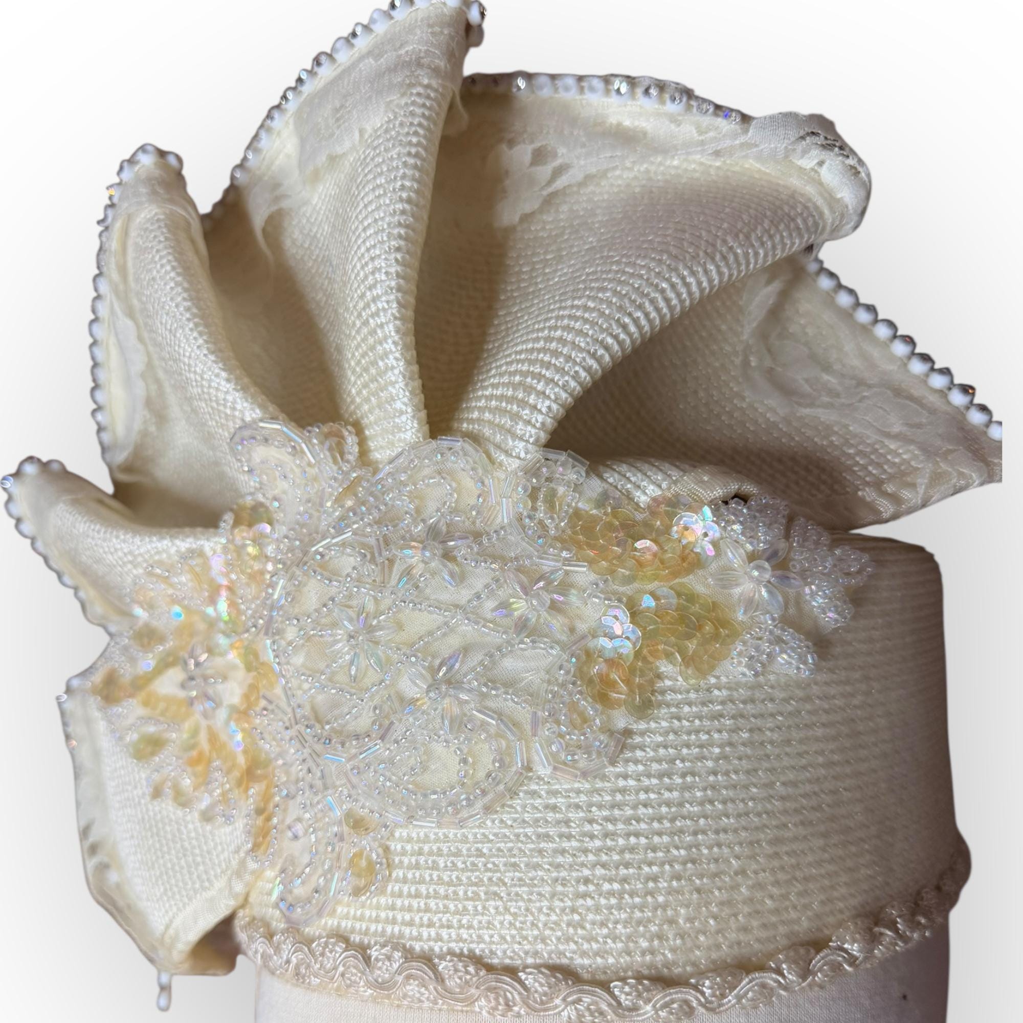 Vintage Ivory Pleated Pillbox Hat | Beaded Lace Bridal Hat image 4