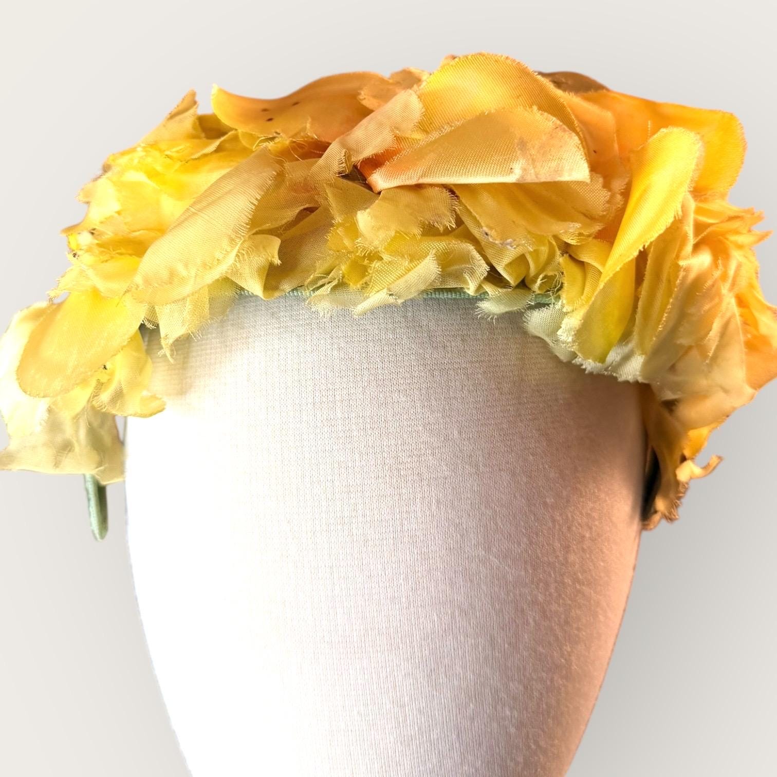 Vintage 1950s Yellow Floral Headpiece • Satin Flower Fascinator