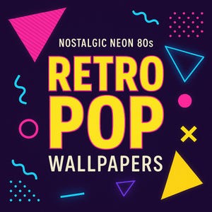Puede incluir: Un diseño gráfico de temática retro con las palabras "Retro Pop Wallpapers" en amarillo, delineadas en negro, sobre un fondo morado oscuro. El diseño incluye formas geométricas de color rosa neón, azul y amarillo y el texto "Nostalgic Neon 80s".