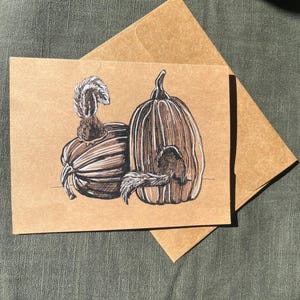 May include: A brown greeting card with a pen and ink illustration of two pumpkins and two squirrels. The card is on top of a brown envelope. The pumpkins are brown and white striped. One squirrel is sitting on top of a pumpkin, and the other is inside a pumpkin.