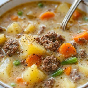 Può includere: Una zuppa cremosa in una ciotola bianca contenente pezzi di carne macinata cotta, patate gialle a cubetti, carote arancioni a fette e piselli verdi in un brodo denso e condito con scaglie di pepe nero visibili e un cucchiaio.