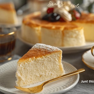 May include: A slice of light-colored sponge cake topped with powdered sugar on a white textured plate with a gold fork. In the background, a whole cake with fruit and cream, two cups of dark liquid, and text reading Sand a viele and Junt thise ookteflec?