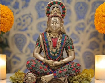 Estatua de Hanuman meditando de latón con detalles en piedra – Ídolo del dios mono hindú, templo indio, 30 cm (12 pulgadas)