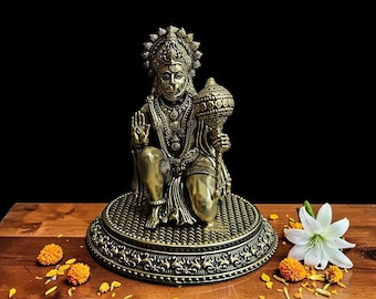 15 cm Superfine Lord Hanuman assis dans un geste de bénédiction | Statue en laiton en plusieurs tailles