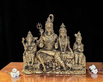 9 inch, Superfine Brass Shiv Pariwar Idol, Shiva Parvati Ganesh Murugan Kartikeya Statue