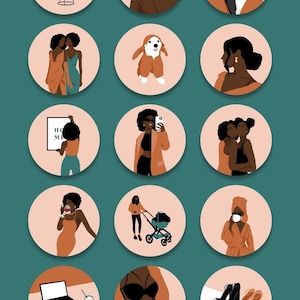 May include: A collection of fifteen circular icons featuring diverse illustrations including a potted plant, people, dogs, a stroller, a laptop, and fashion items, all set against a solid dark teal background with the text grafinka.etsy.com at the bottom.